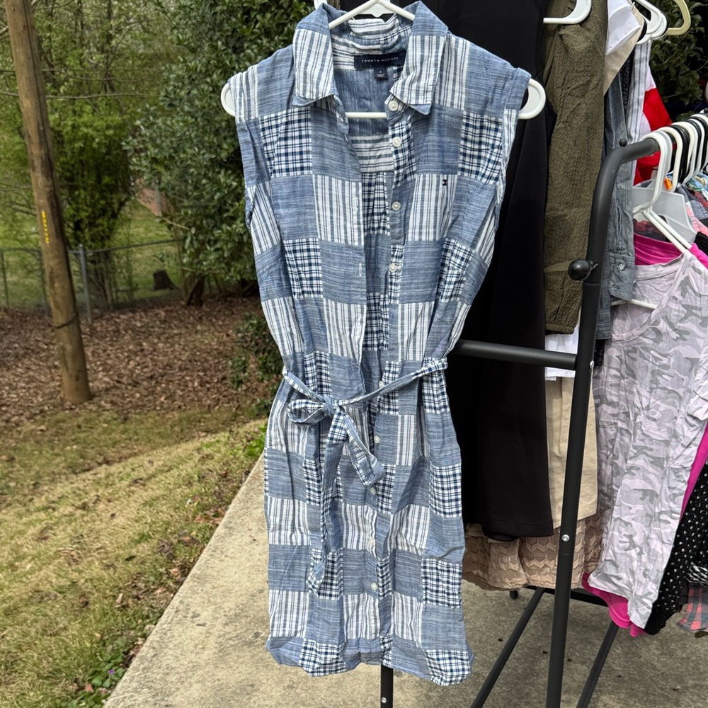 Tommy Hilfiger Blue Patchwork Sleeveless Midi Shirt Dress